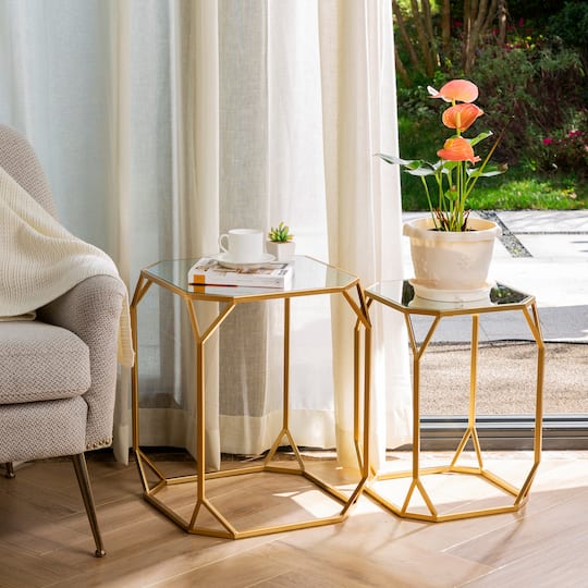Glitzhome® Gold Metal Square Accent Table with Glass Top Set